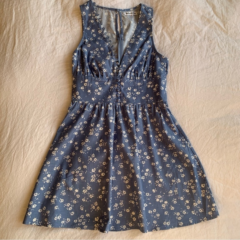 Reformation Isador Cotton Floral Button V Neck A Line Mini Dress Lassen Blue - Picture 5 of 10